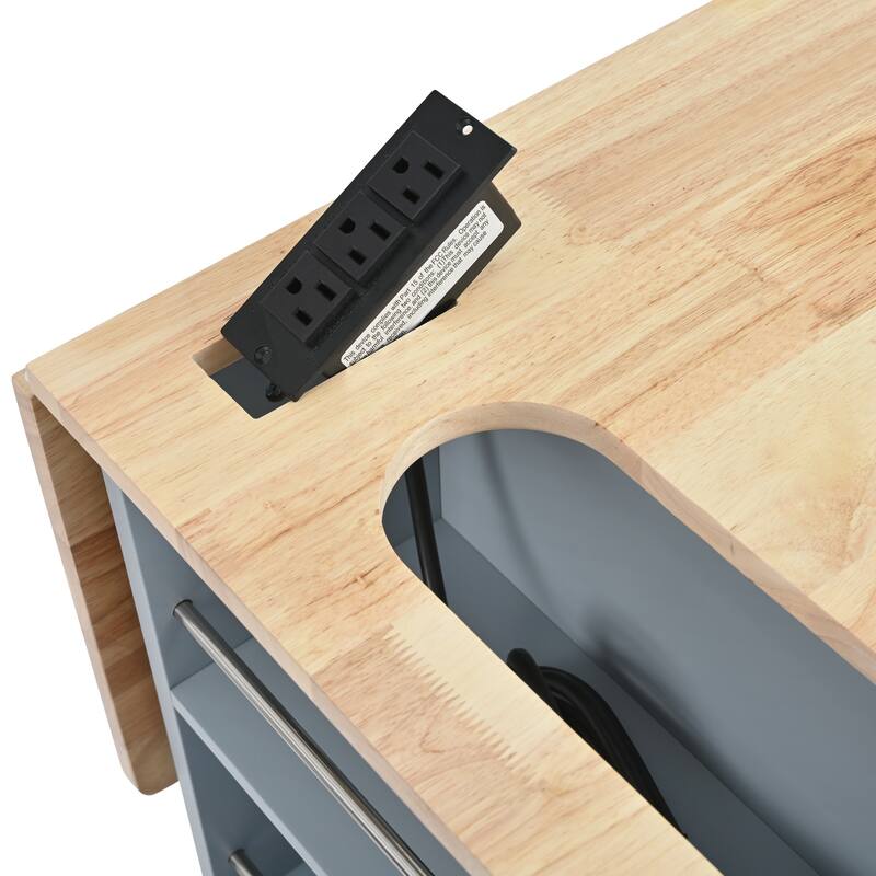 39.80'' Rubber wood Kitchen Island with Power Outlet, Drop Leaf, Adjustable Shelf and 2 Drawers - 39.8'' x 29.33'' x 33.7''