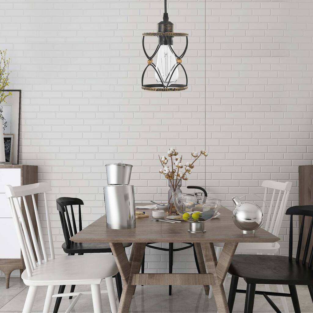 Modern Farmhouse Mini Pendant Light with Geometric Metal Wire Cage, 1-Light Rustic Island Pendant Lights - Black / Rusted Gold