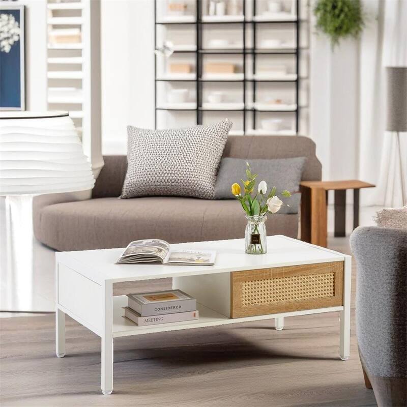 Rattan Coffee Table,Sliding Door For Storage,Metal Legs,Modern Table - White