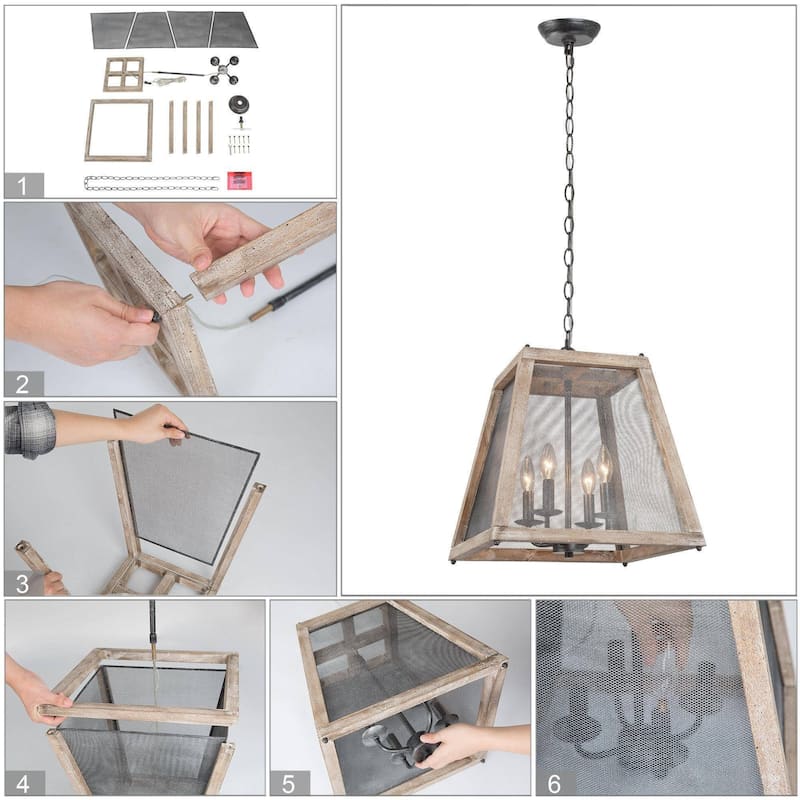 Farmhouse Handcrafted Wood Kitchen Pendant Light with Metal Mesh for Foyer - W15.5" x H16"