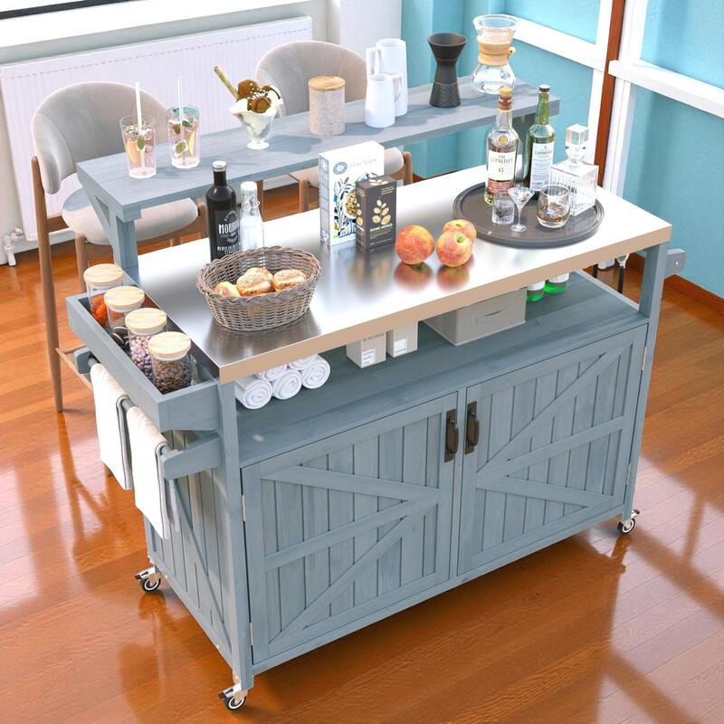 53" Outdoor Kitchen Island with Stainless Steel Top, Raised Shelf, Solid Wood Grill Cart with Storage Cabinet - Grey Blue