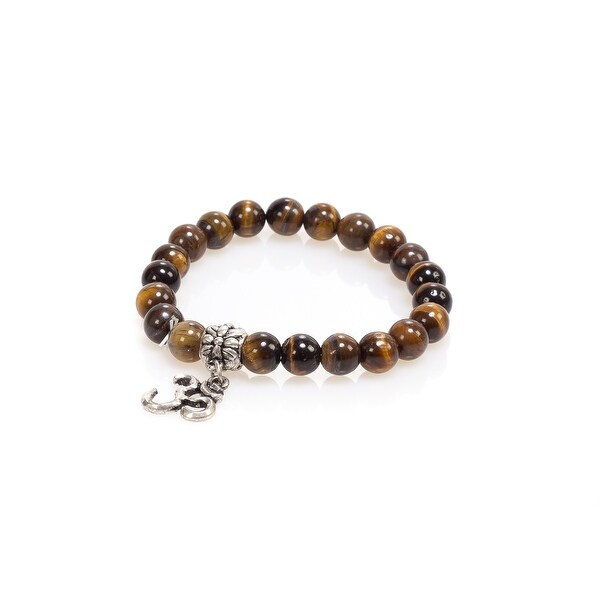 Natural Stone Meditation Stretch Bracelet Tibetan Mala with Good Luck Om Charm, Tiger Eye