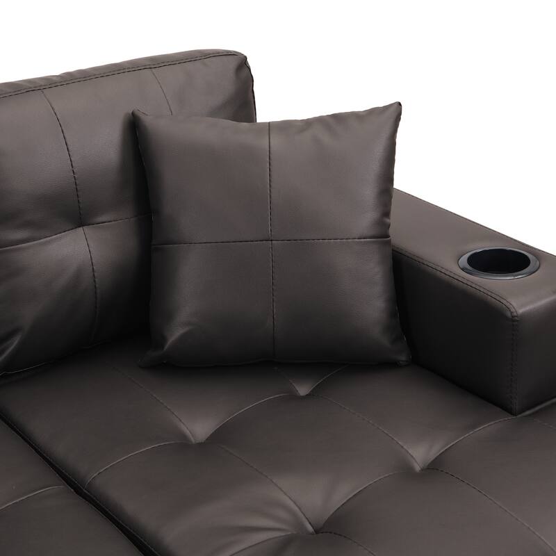 Brown 96.06'' Modern L-Shaped 4 Seater Sectional Sofa with Chaise Lounge, Cup Holders, and Throw Pillows