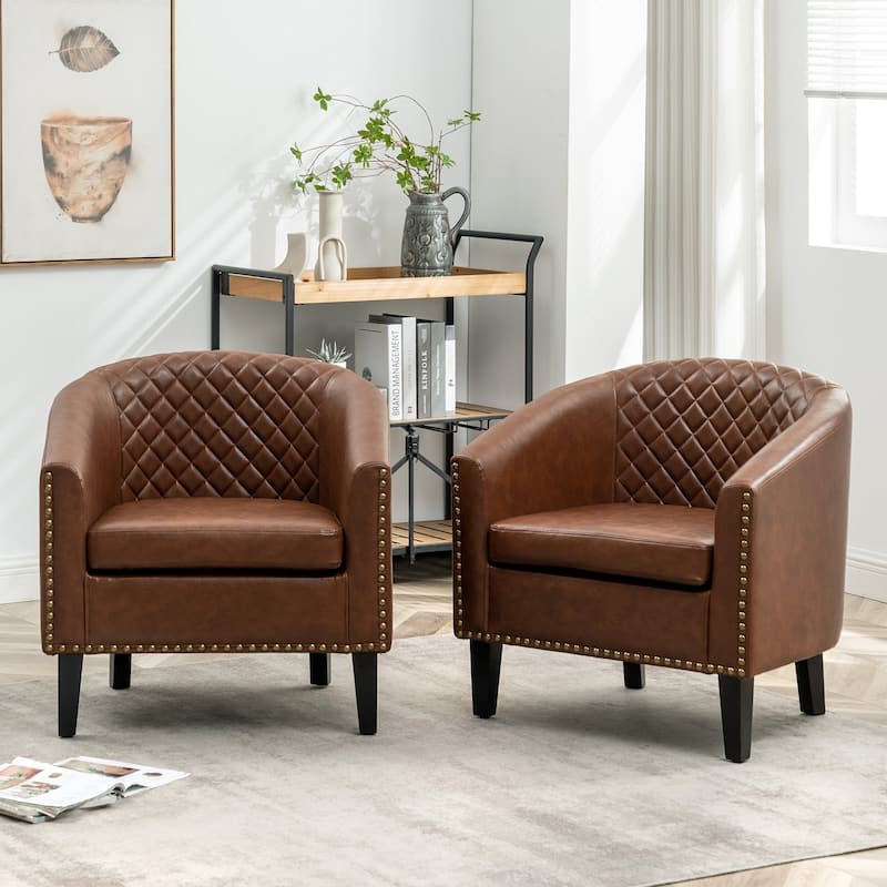 KINWELL 29" PU Faux Leather Club Armchair with Nailheads, Set of 2