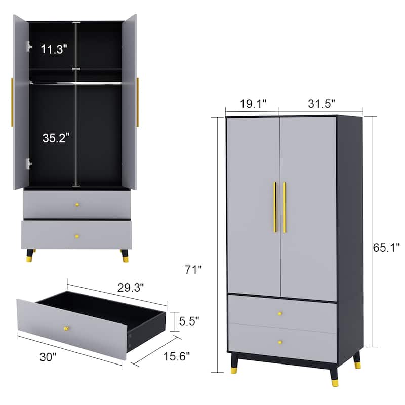 31.5"Wx70.9"H Armoire Wardrobe Storage Cabinet Closet Hanging Drawers