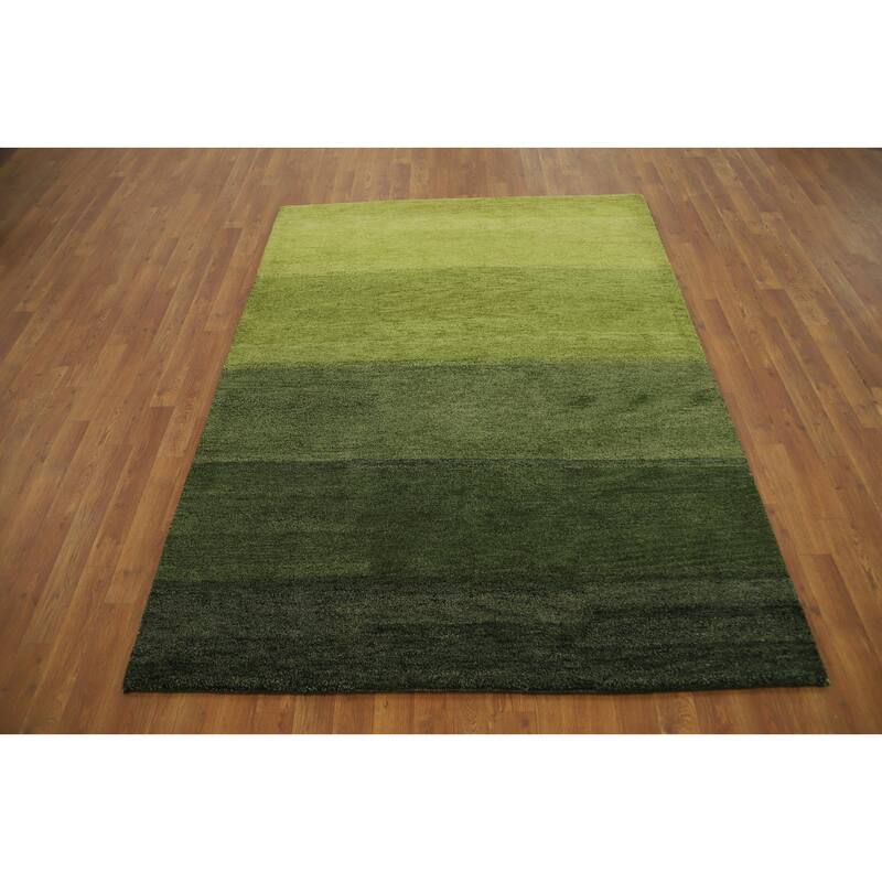 Hand Knotted Oriental 100% Wool Carpet Modern Stripe Green Gabbeh Area Rug - 6' 7'' X 4' 11''