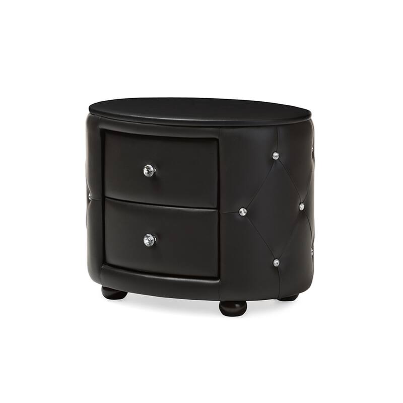 Glam Oval 2-Drawer Faux Leather Nightstand with Crystal Tufting and Smooth Black Upholstery