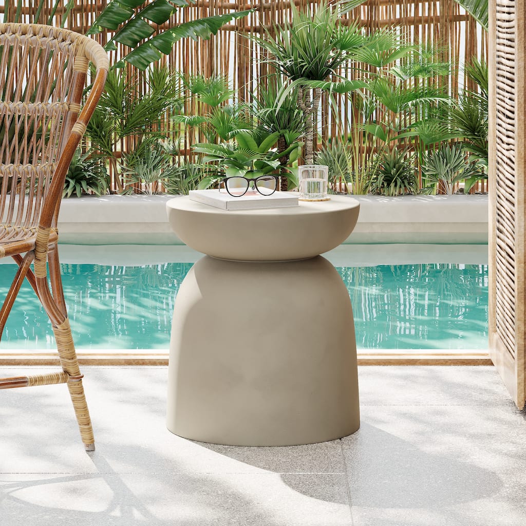 Roomfitters Outdoor Round Top MGO Drum Side Table, Modern Concrete End Table for Patio, Garden or Living Room Accent, Light Grey