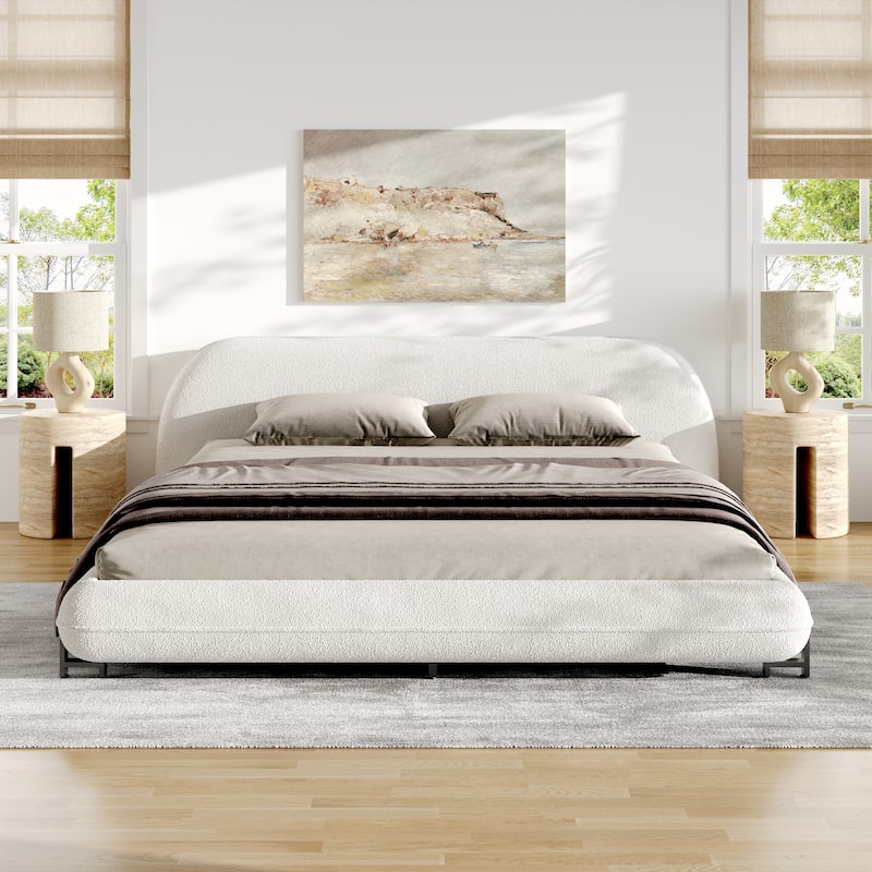 Christopher Knight Home - Williams Boucle Upholstered Bed Frame with Curve-Shaped Headboard - White - Queen
