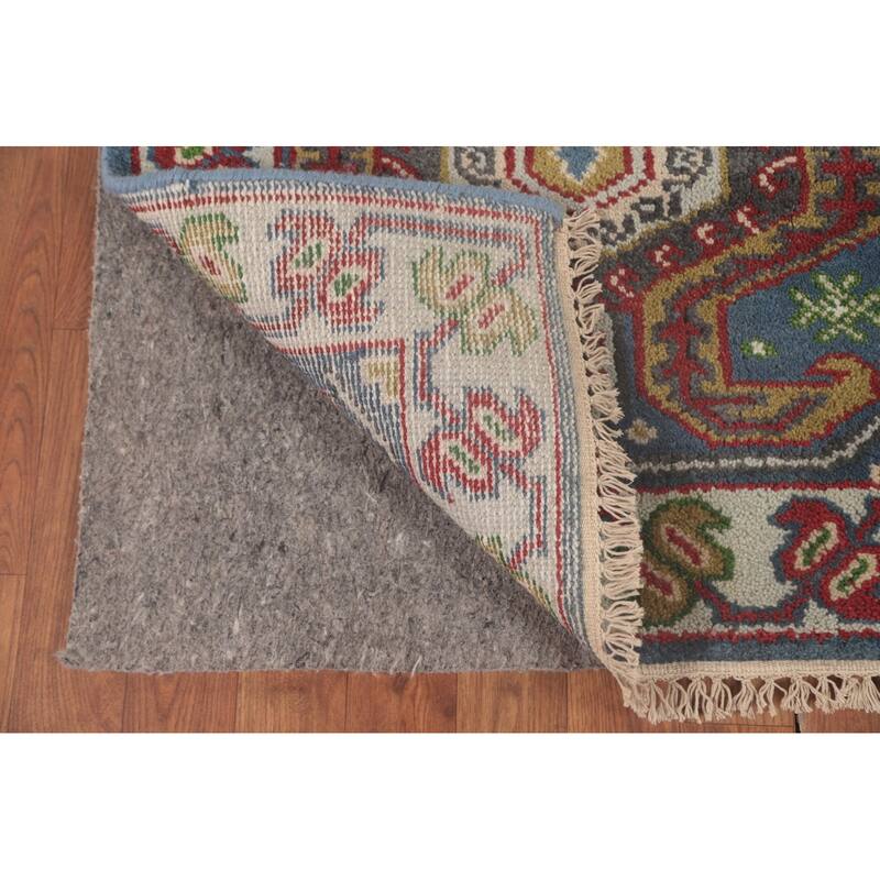 Geometric Blue Kazak Oriental Runner Rug Handmade Wool Carpet - 2'7"x 10'1"