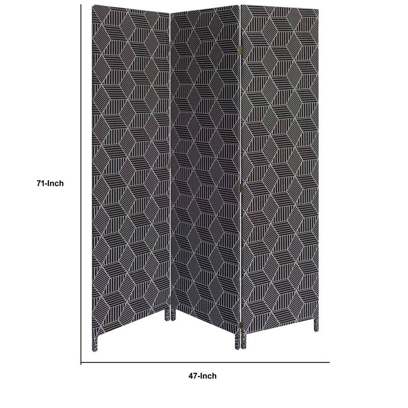 71 Inch 3 Panel Fabric Room Divider with Geometric Print, Black