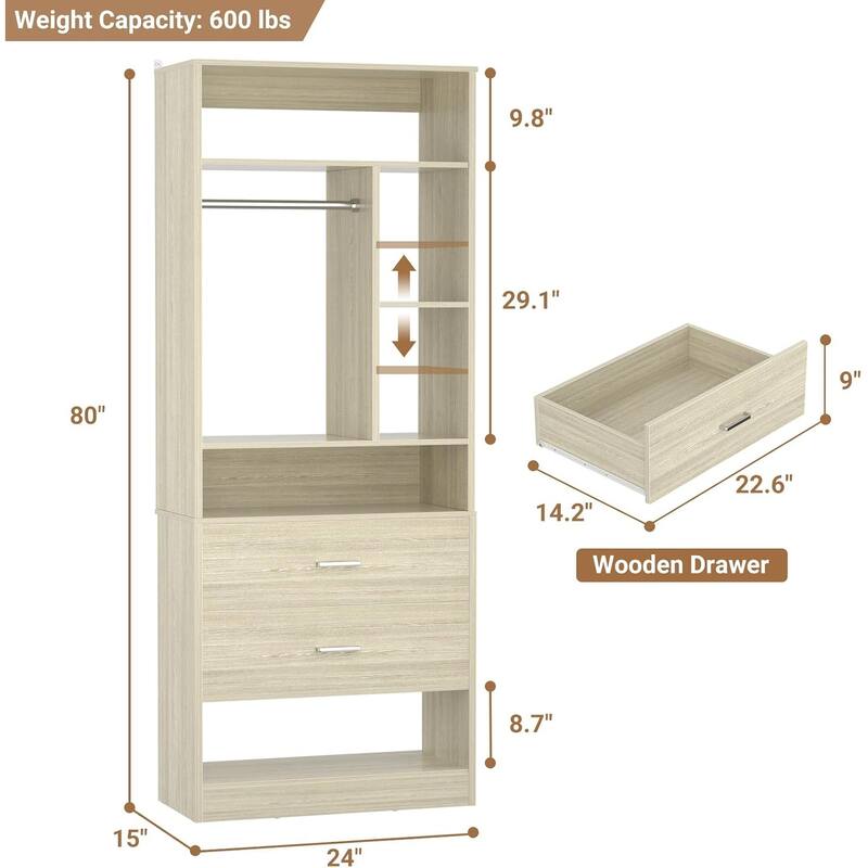 Kyrvo Freestanding 24" Closet System with 2 Wood Drawers,2FT Heavy Duty Walk-in Closet Organizer with 6 Shelves & Hanging Rod