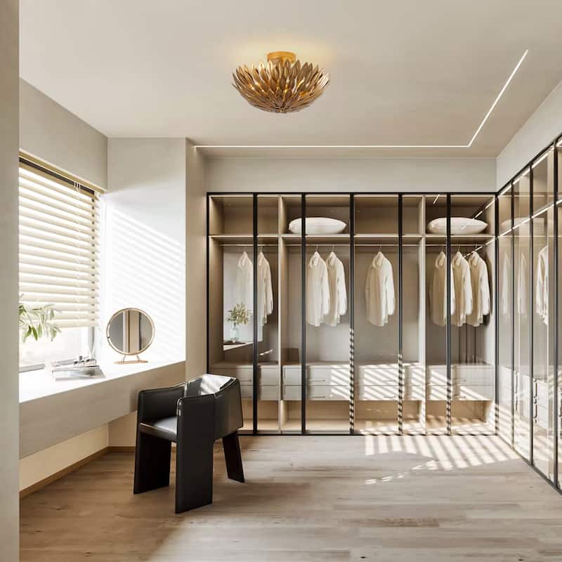 Antique Gold Olive Leaf 3-Light Semi Flush Mount Ceiling Light - 16" W x 10.1" H