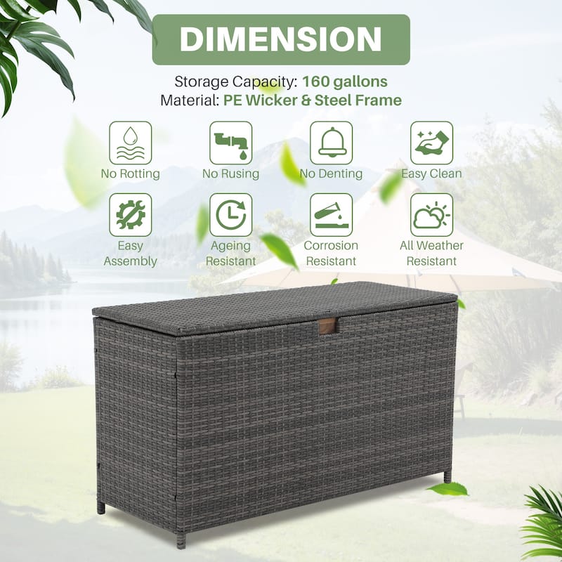 160 Gallon Outdoor Wicker Storage Box Resin Black Rattan Deck Bin for Patio Gardening Tools - 51.2*20*29Inch