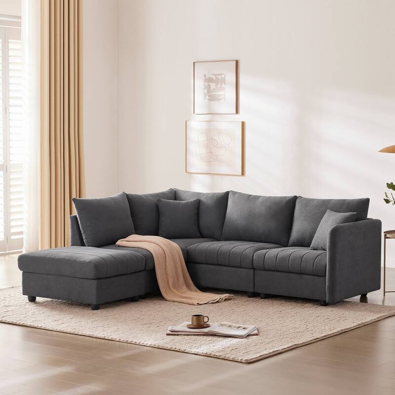 Fabric Tuxedo Arm Mid-Century Modern Sectional Sofa with 2 Pillows - 89" x 79" -  Dark Gray