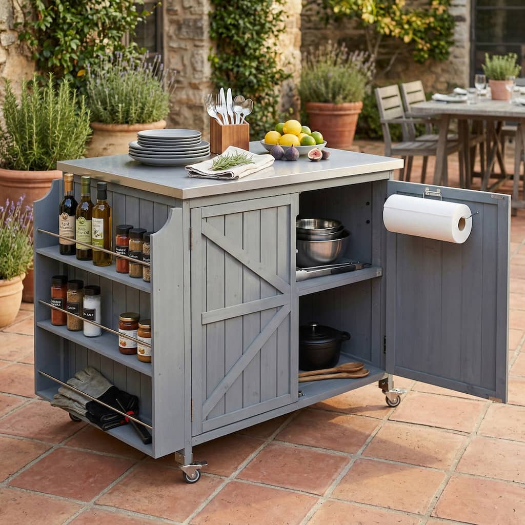 42.1" Outdoor Kitchen Island with Side Shelf, with Storage Cabinet, Outdoor Kitchen Cabinet, Adjustable Shelf and 4 Wheels