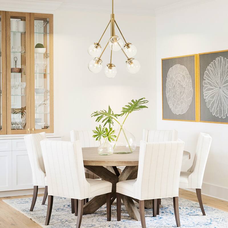 6-Light Modern Glam Sputnik Brass/Matte Black Finish Dimmable Chandelier with Clear Glass Globe for Living & Dining Room