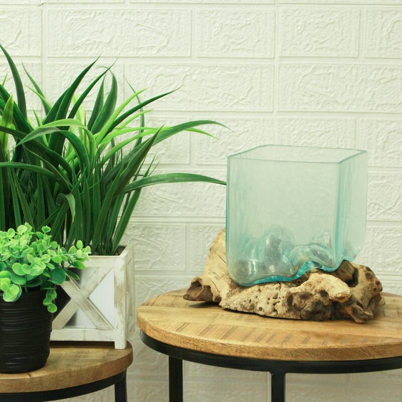 Teak Driftwood Glass Square Vase/Bowl - 8" High - Nature-Inspired