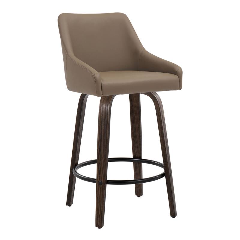 The Gray Barn Hadley 26" Fixed-Height Upholstered Counter Stool with Bent Wood Legs & Round Footrest (Set of 2) - Brown Faux Leather/Glazed Walnut/Black Metal