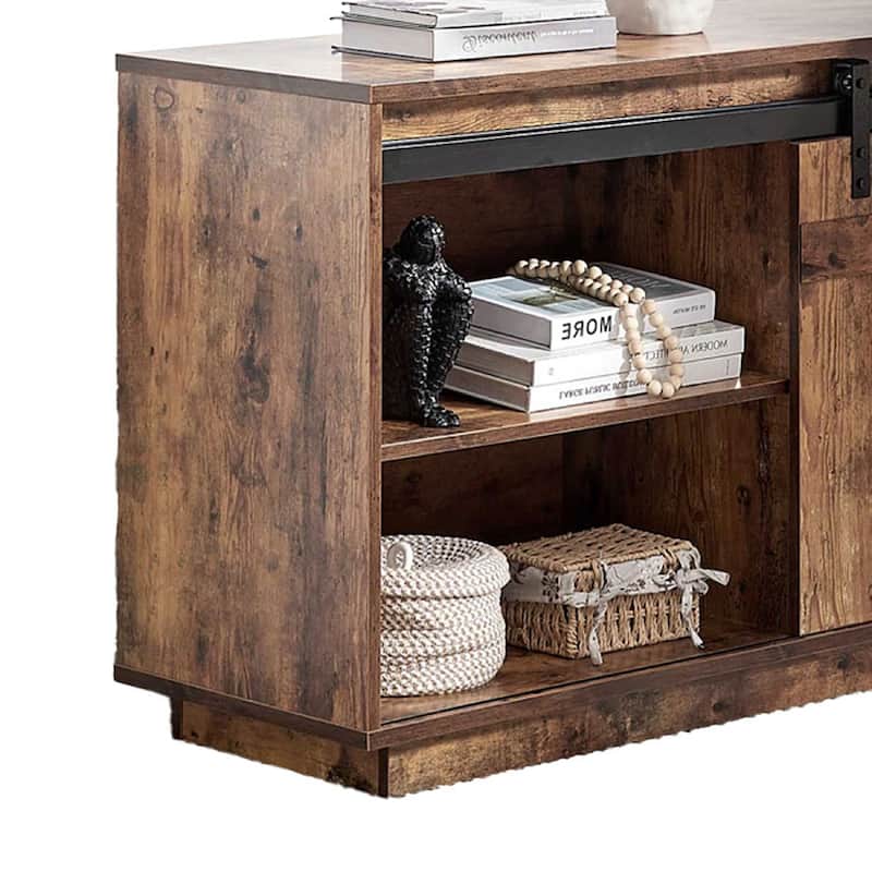 Fior L Shaped Writing Desk, 56 Inch Distressed Brown Wood, Barn Door