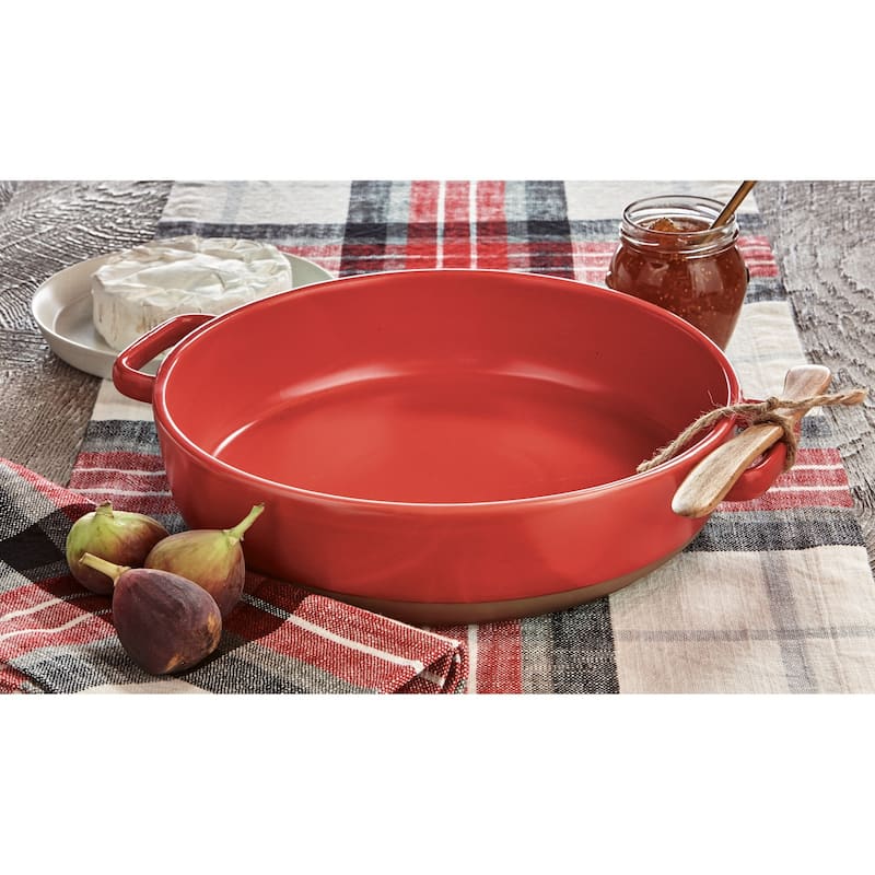 Red Stoneware Brie Baker with Spreader 12.5"L x10"Wx2.5"H