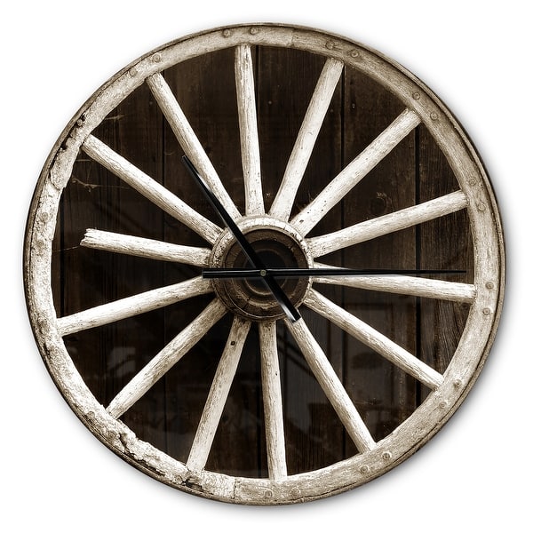 slide 2 of 6, Designart 'Sepia Country Wagon Wheel Clock' Oversized Farmhouse Wall CLock 16 in. wide x 16 in. high