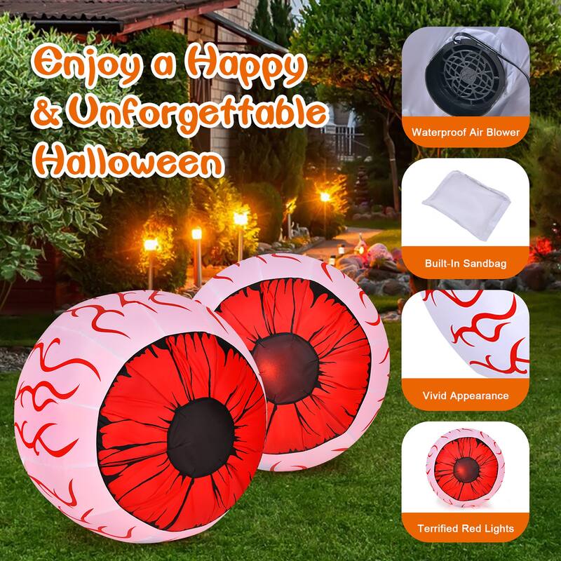 Costway 2 Pack 3 FT Halloween Inflatable Eyeballs w/ Air Blower & Red