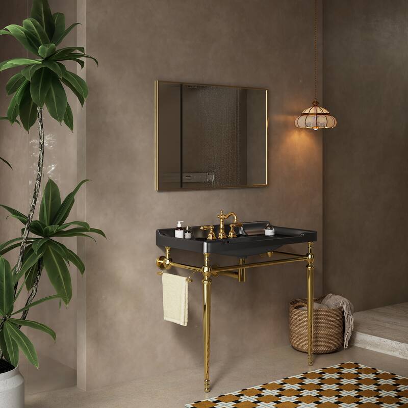 36" Wall-Mounted Console Sink: White Ceramic Basin with Stainless Steel Legs & Towel Bar (No Faucet) - Black+Gold
