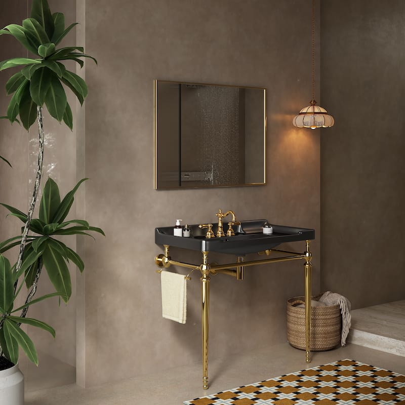 36"Bathroom Console Sink,Wall-Mounted Ceramic Basin with 3 Pre-drilled Faucet Holes,Freestanding Support Legs with Towel Bar