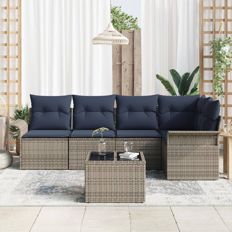vidaXL 5/6 Garden Sofa Set with Cushions Black/Brown/Grey Poly Rattan - 95.9 x 52.2 x 27.2