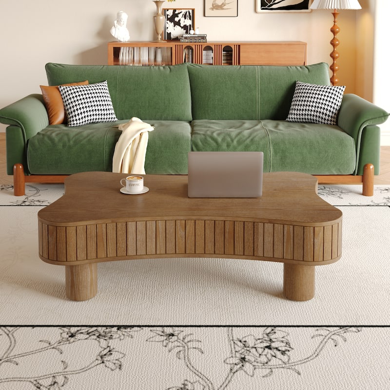 Lift Top Coffee Table for Living Room 42" Fluted Panel Hidden Storage, Silent Hydraulic Lift, Curved Safety Corners,Natural Wood