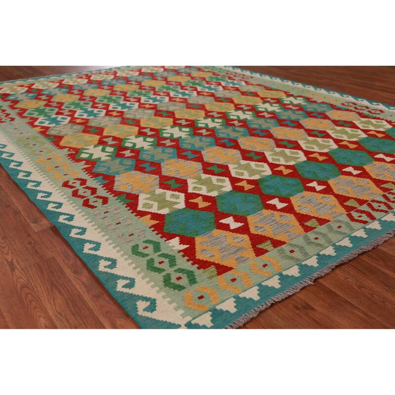 Hand Woven Oriental 100% Wool Carpet Southwestern All-Over Multi-Colored Kilim Area Rug - 8' 4'' X 6' 4''