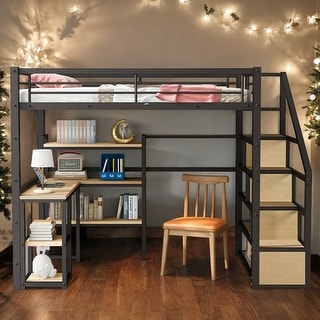 Full Metal Loft Bed with Desk and Shelves - Black