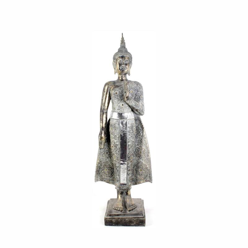 Tall Standing Polyresin Buddha Statues - 12.2" L x 9.45" W x 37.8" H - Frosted Silver