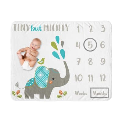 Mod Elephant Boy or Girl Baby Monthly Milestone Blanket - Gender Neutral Turquoise Blue, Green, and Grey Modern Safari Animal
