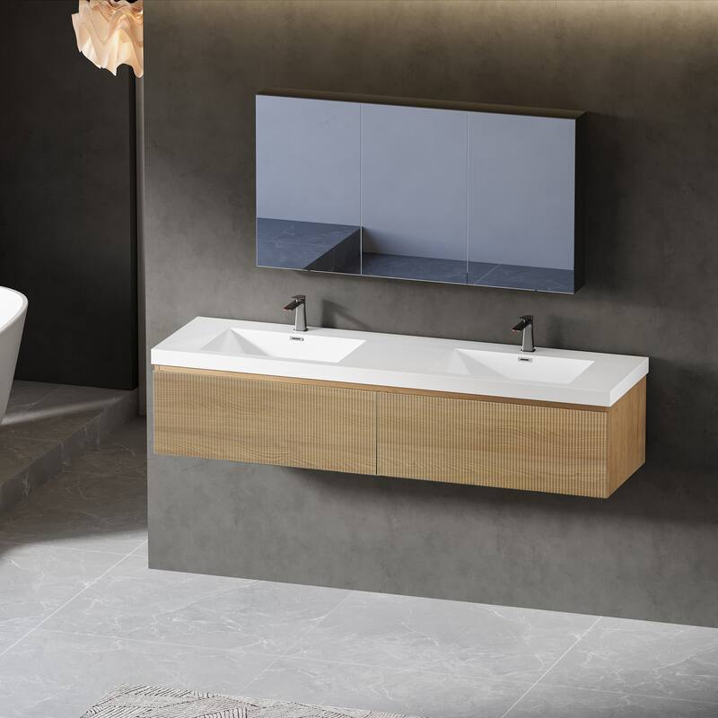 GDFStudio - Harrison 72-Inch Floating Double Bathroom Vanity with Solid Surface Basins and Fluted Storage Drawers