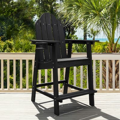 LUE BONA All Weather Plastic Outdoor Bar Stool Adirondack Chairs Bar Height Arm Chairs with Cup Holder for Balcony, Deck, Patio