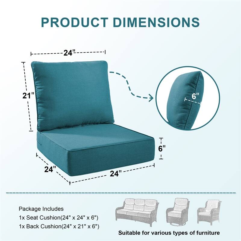 Pocassy 24x24x6 Inch Thick Cushions Pillows Indoor Outdoor Deep Seat Water & Fade Resistant - 4 Set - Peacocka Green Cushion