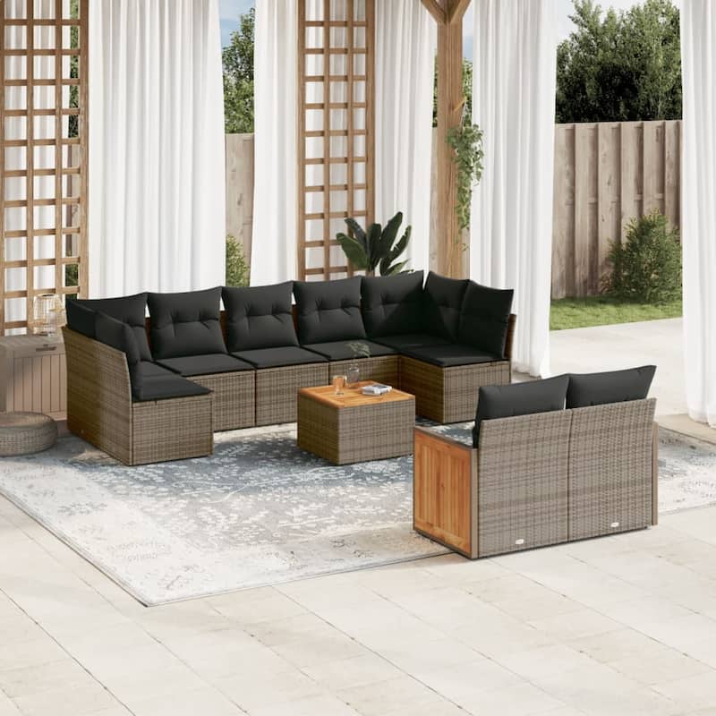 vidaXL Patio Sofa Set with Cushions Outdoor Conversation Furniture Poly Rattan - Grey-With table - 21.7 x 21.7 x 14.6
