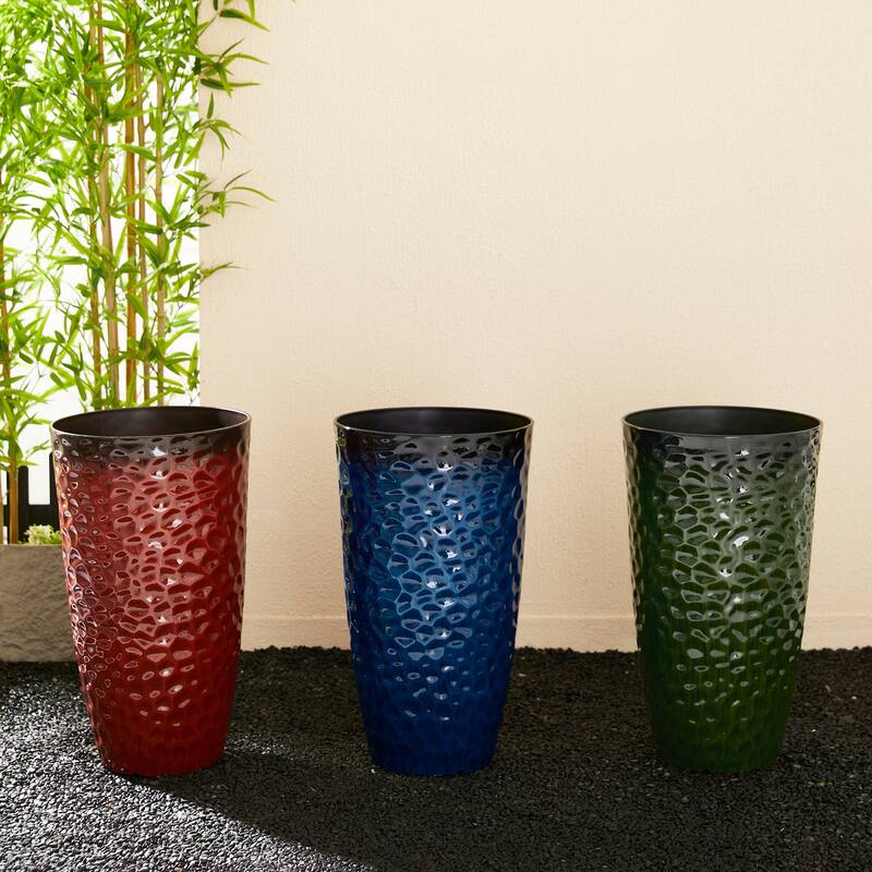 Glitzhome 23.75"H Set of 2 Oversized Eco-Friendly PP and Stone Honeycomb Textured Blue/Green/Red Tall Plastic Planter
