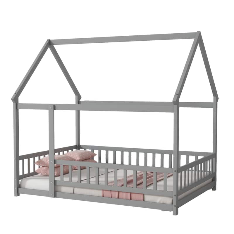 Full Size House Floor Wooden Bed with Roof Frame, Safety Guardrails,Grey