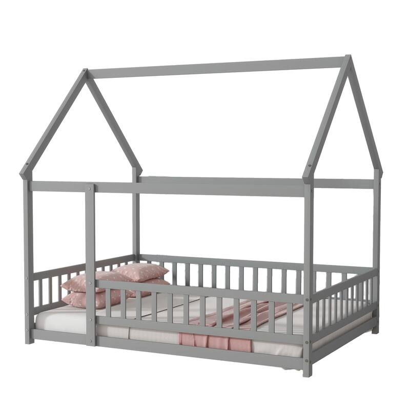 Full Size Rubber Wood Canopy Bed with Roof Frame and Safety Guardrails