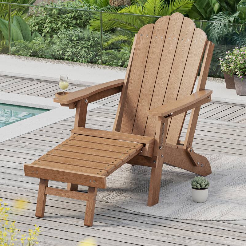 3-Position Adjustable Folding Adirondack Chair W/ Ottoman for Outdoor - 1-Piece - Teak