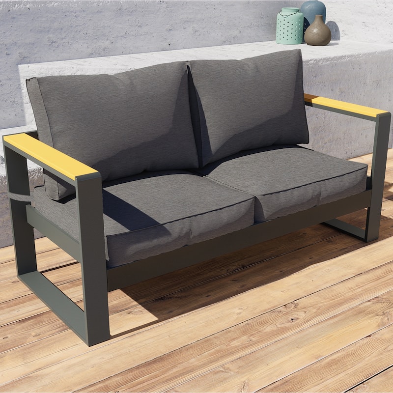 Aoodor Outdoor Aluminum Frame Loveseat with Grey Cushions, 53"W x 26"D x 26"H - Grey