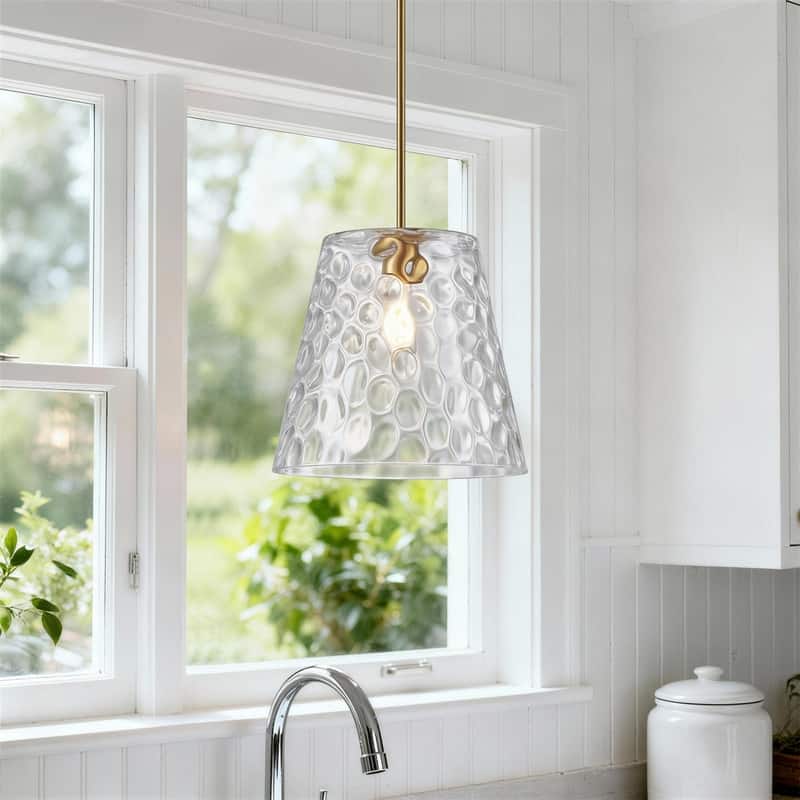 KAWOTI Adjustable Pendant Light with Hammered Glass Shade - W14"*H13.5"(MaxH21.5"~ 45.5") - Plated brushed gold