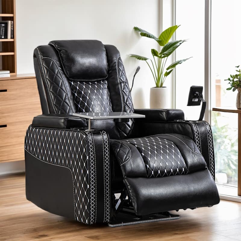 Zero Gravity Power Recliner, PU Recliner with Cup Holder/ Laptop Table /Phone Holder/ Light/ LED - Black