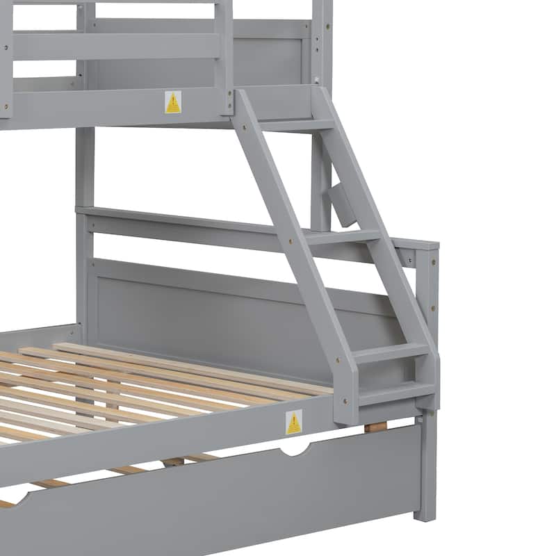 Twin over Full Bunk Bed with Ladder, Twin Size Trundle, Safety Guardrail, Gray