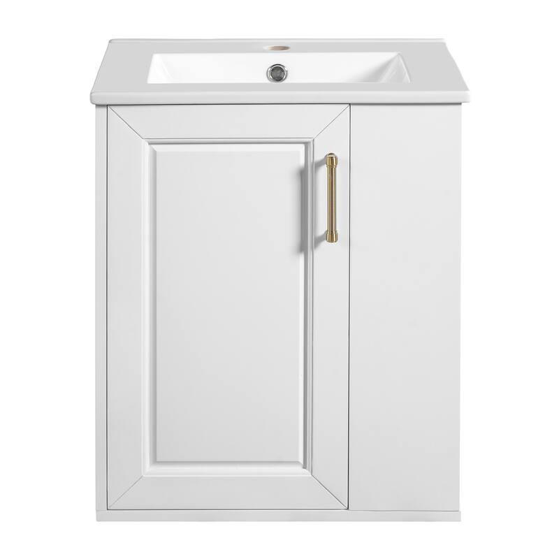 Wall Mounted Bathroom Vanity with Ceramic Sink, 20" Small Floating Bathroom Cabinet with Side Cabinet, White - 20 Inch