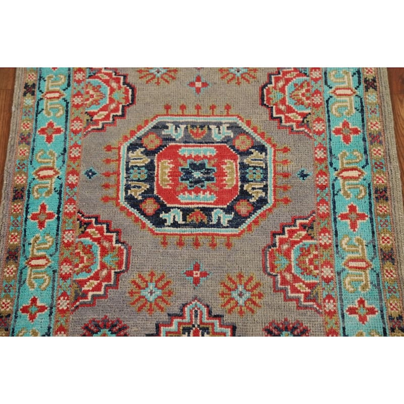 Geometric Kazak Foyer Rug Handmade Traditional Grey Wool Carpet - 2'0" x 3'0"