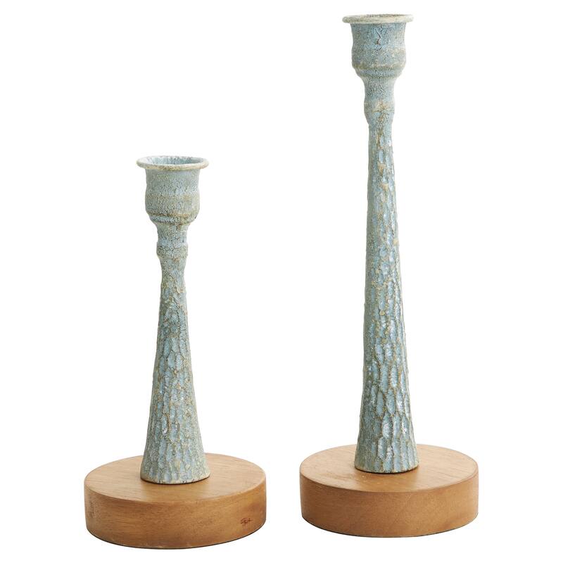 Cream or Light Blue Metal Textured Tapered Candle Holder with Brown Wood Bases (Set of 2)